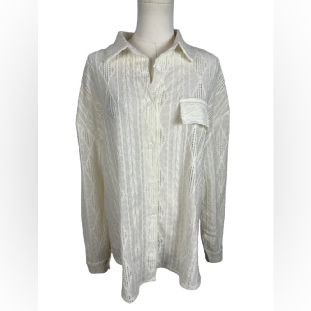 Ivory Open-Weave Button-Up Shirt Size M